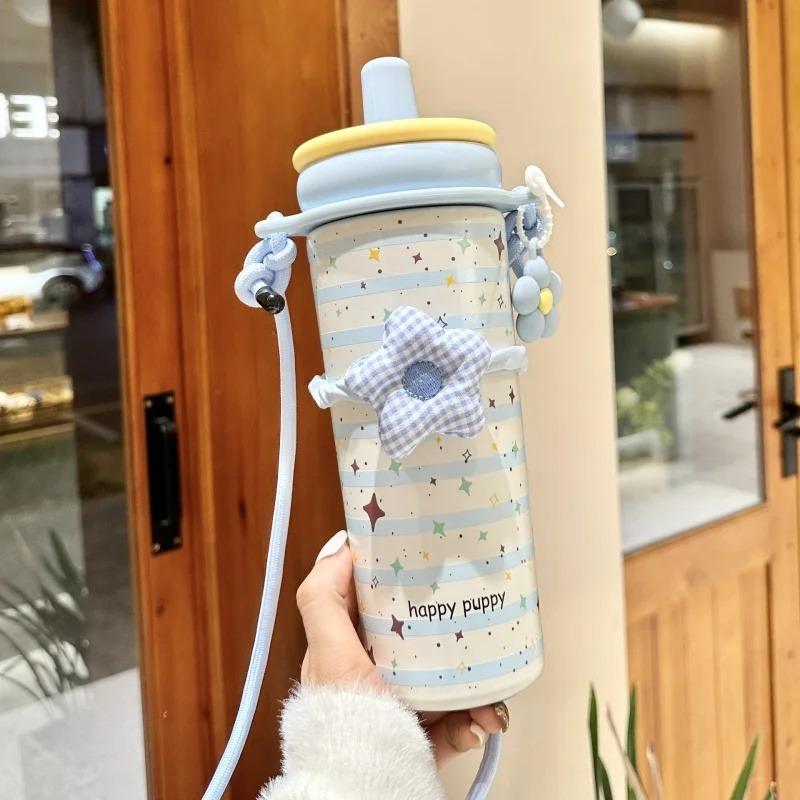316 Stainless Steel Straw Insulated Tumbler Cup Ceramic Inner Liner Thermos Bottle For Girls 720ML Large Capacity Portable Strap 316 Inner Liner