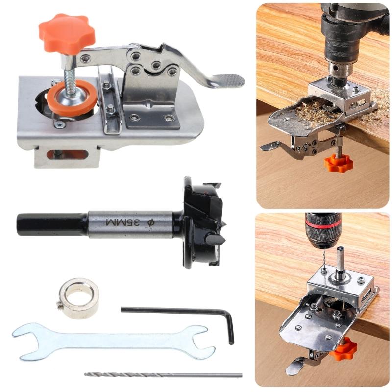 Woodworking 35mm Hinge Boring Jig Aid with 3Blade Hole Locator Opener Kit Woodwork Hole Puncher Drilling Guide