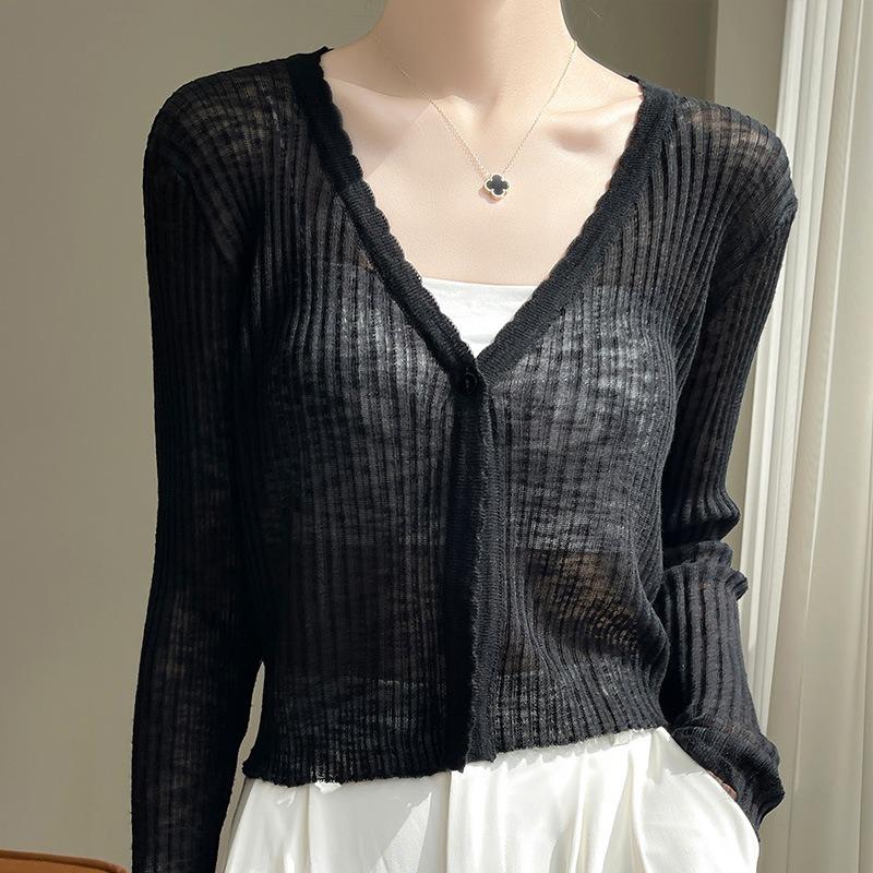Women Thin Long Sleeve Solid Sunscreen Knit Cardigan Summer Outerwear Cover Up
