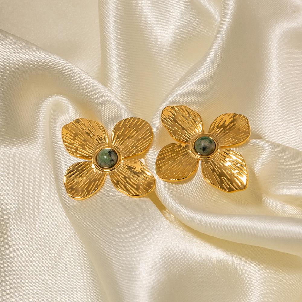 Französischer Hof 18K Gold Türkis Vierblättrige Blume Ohrringe