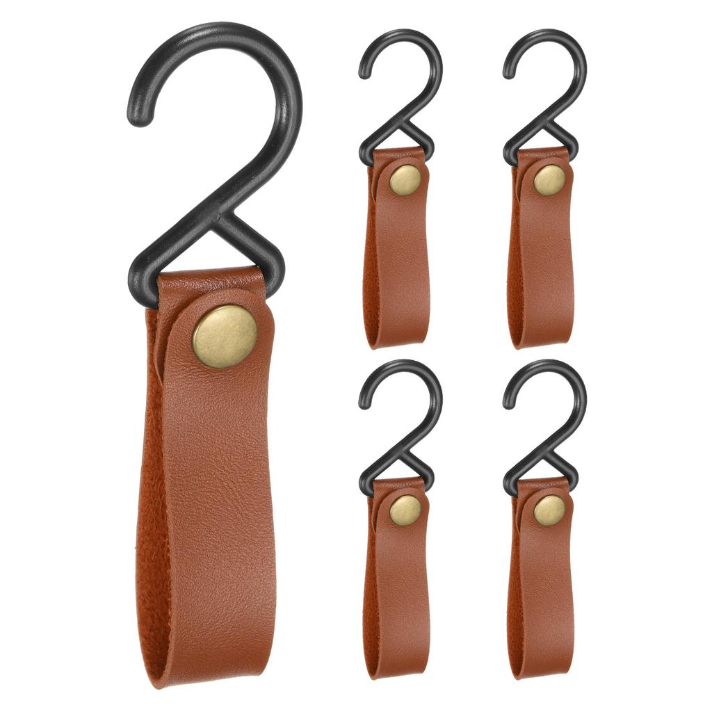 5pcs PU Leather Hooks, Leather Straps with Hooks, S-Shape Hooks for Outdoor Camping Kitchen Bathroom Hanging Pots Pans Utensils