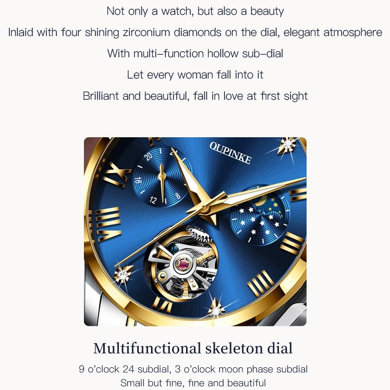 OUPINKE Waterproof Moon Phase Tourbillon Automatic Mechanical Watch Women's Watch Women's Watch