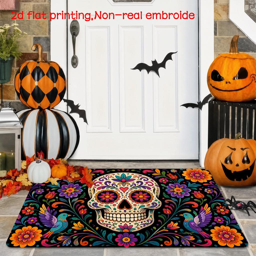 1pc Day of the Dead Sugar Skull Mat - Calavera Print Non-Slip Mat Suitable for Home Decor, Entrance, Bathroom, Balcony, Machine Washable Entry with Co