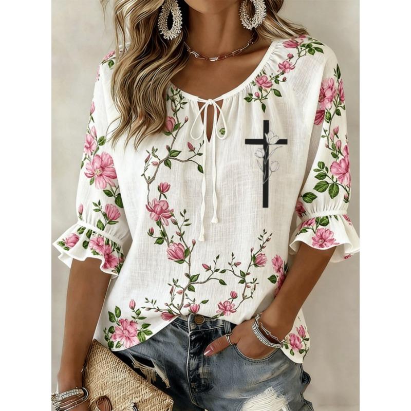 Women's Beige Multicolor Floral Print Tie Neck Blouse, Casual Loose Tops for Spring Summer Daily Wear & Vacation Occasions