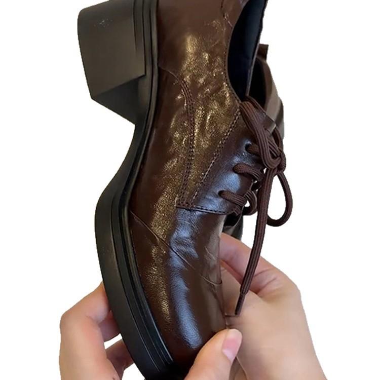 Washed soft leather~ British retro round head lace-up loafers commuting versatile thick heel small leather shoes women's casual single shoes