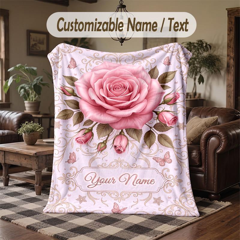 Pink Leopard Theme Throw Blanket Custom Name Text Personalized Blanket Soft Cozy Blanket for Home Sofa Bed