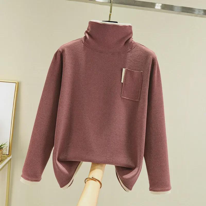German Velvet Women's Half Turtleneck Pocket Top - Thick, Warm, Slimming, and Versatile Two-In-One for Autumn/Winter.