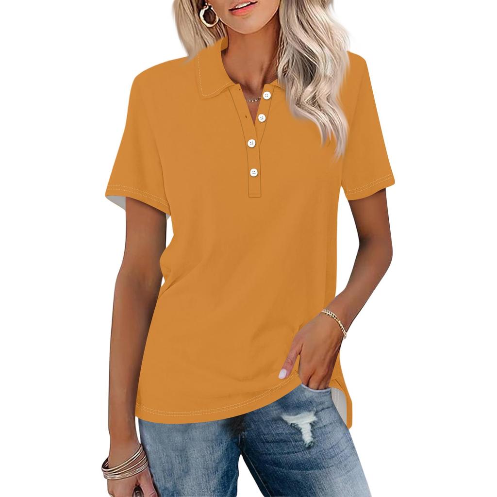 Women's Fashion Lapel Short Sleeve Solid Color Printed Button Top