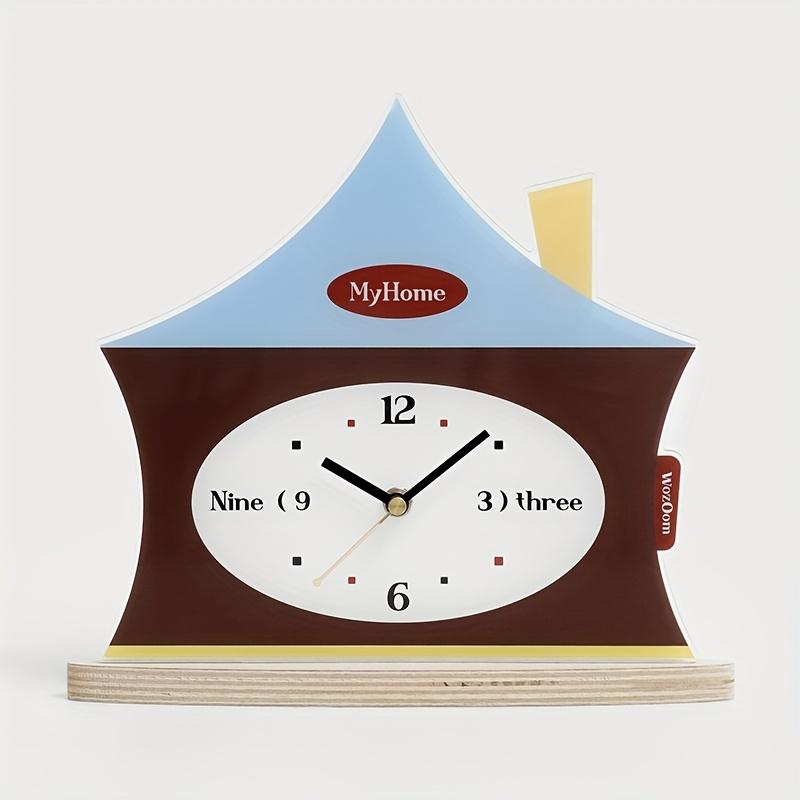 

Cute Retro House Shaped Desk Clock, The dial features numbers paired with English text