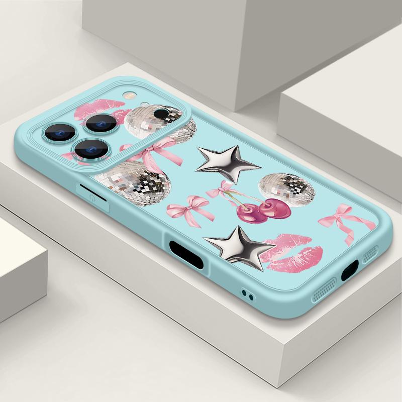 Cherry Bowknots Lips Disco Ball Case For iPhone 17 Pro Max Shockproof Silicone Bumper Cover For iPhone 16 Pro Max Funda iPhone 15 14 13 12 11 16E