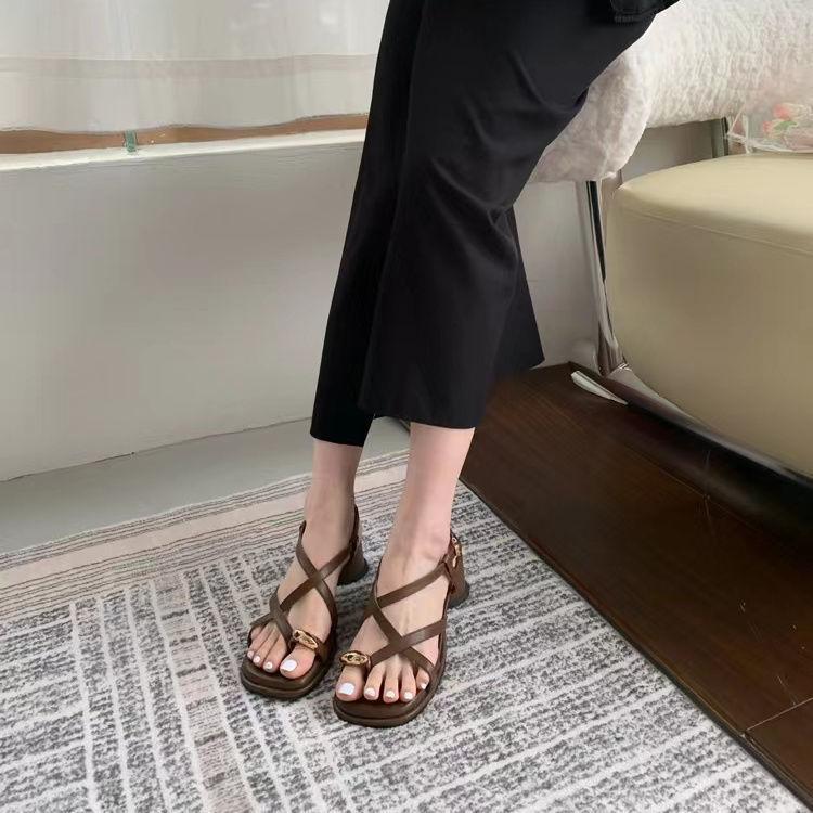 French thick heel Roman shoes sandals women's pinch toes high sense fashion girl high heels 2025 autumn new