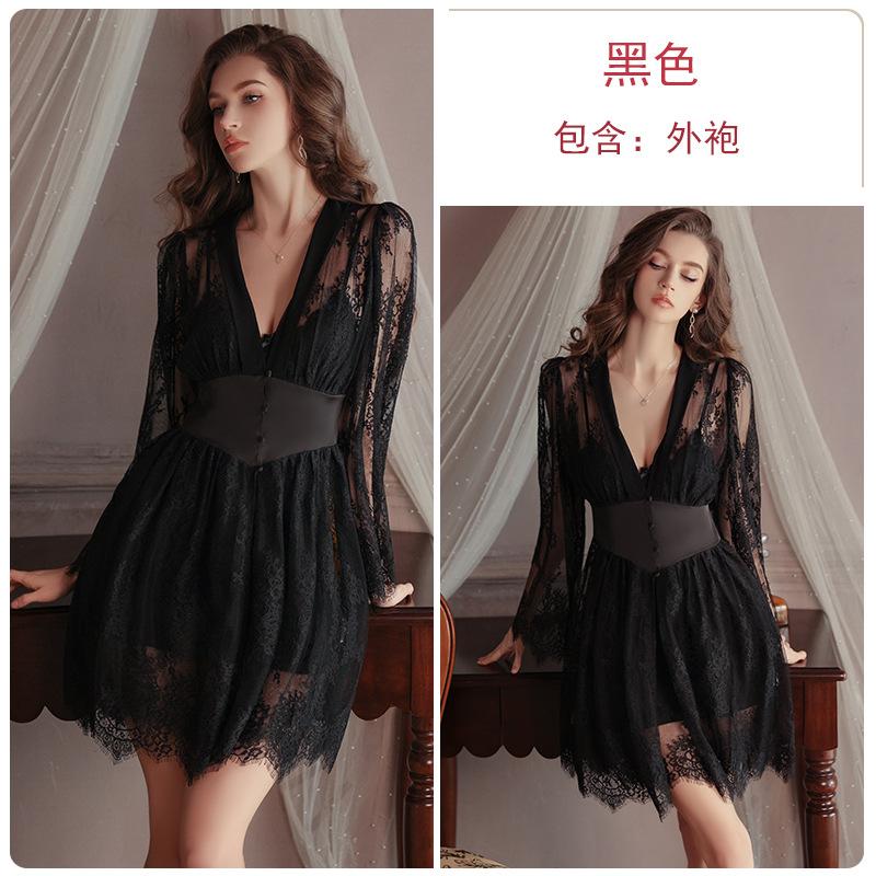 Mesh Yarn Plus Chest Pad Deep V Temptation Slim Backless Suspender Nightdress Robe Large Size Loungewear Set