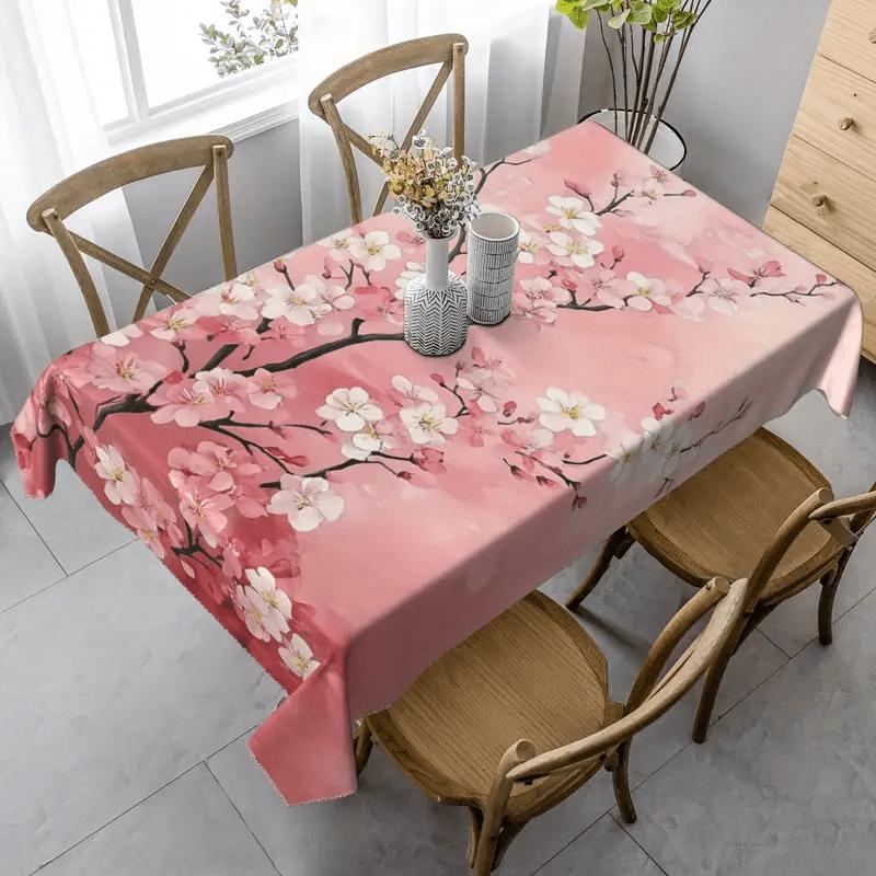 1pc Spring Cherry Blossom Tablecloth, 152.4*218.44 cm, Polyester, Easy to Clean, Suitable for Coffee and Dining Tables, Suitable for Indoor and Outdoo