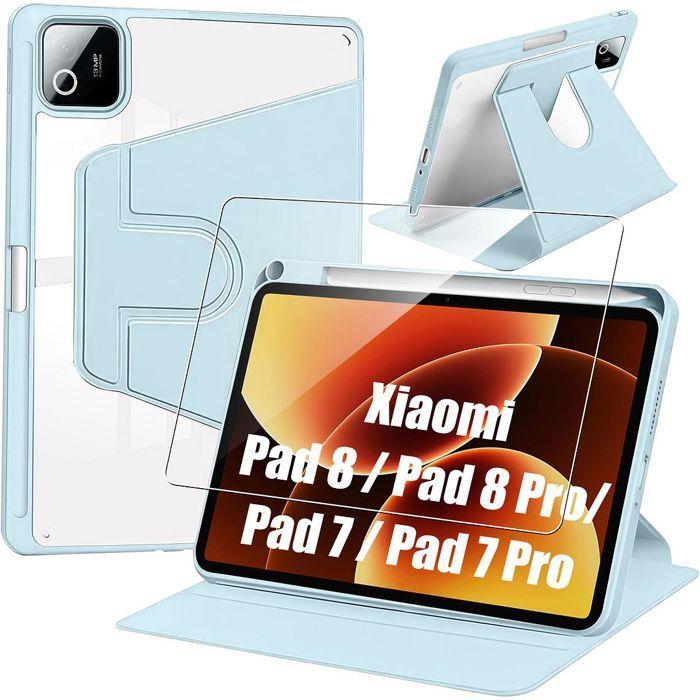 Coque + Verre Trempé pour Xiaomi Pad 8 /8 Pro/7/7 Pro/9, Antichoc Rotatif avec Porte-Stylet Bleu