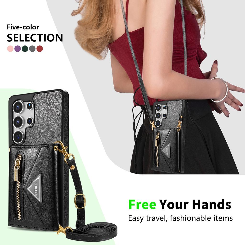 Samsung S24ultra S23 A53 Crossbody Card Holder Phone Case with Zipper Pocket and Lanyard