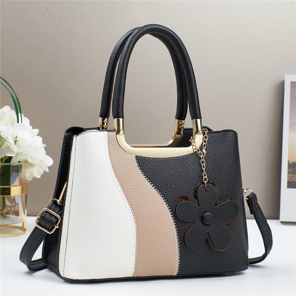 Pu Geometric Color Block Bag With Zipper Pockets For Daily Use