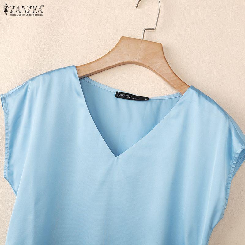ZANZEA Womens Casual V-Neck Solid Color Drawstring Hem Loose Short Sleeve Blouse