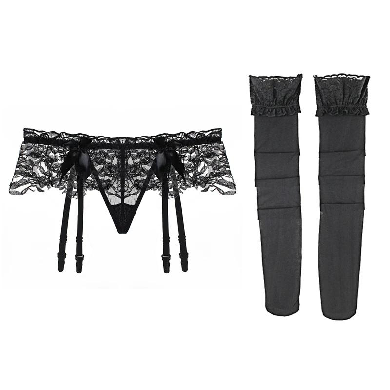 Black Pink Red White Lace Bow Garter Panties And Stockings Set Women Sexy Thin Transparent Wedding Garters Suspender Belt