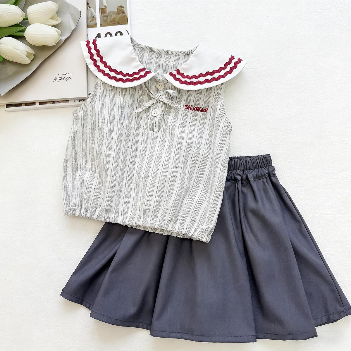 Girls Striped Skirt and Pants Set with Doll Collar - Summer 2026 Trendy Toddler and Child Two-Piece Outfit 130cm