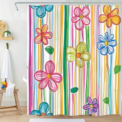 1Pc Whimsical Floral Striped Shower Curtain - Vibrant Hand-Drawn Flowers & Colorful Stripes, Polyester Fabric, Includes 12 Hooks