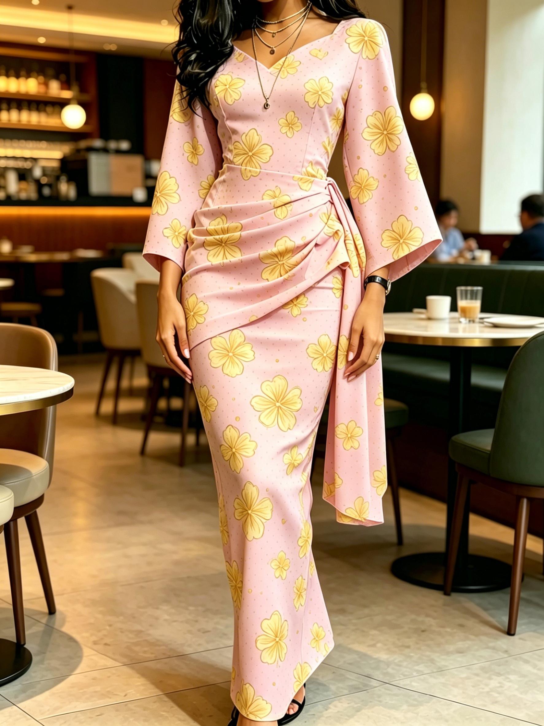 Women s Pink Yellow Flower Print V Neck Wrap Maxi Dress Ruched Waist Kimono Sleeve Sweet Dress XS