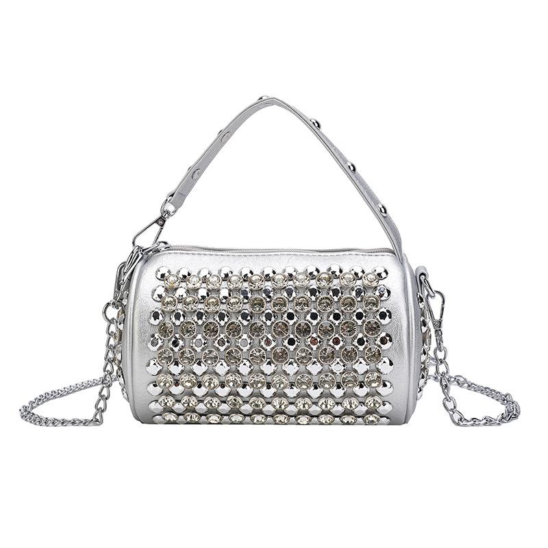 Summer niche cylinder portable women's bag 2025 new fashion rivet diamond pillow bag chain shoulder messenger bag