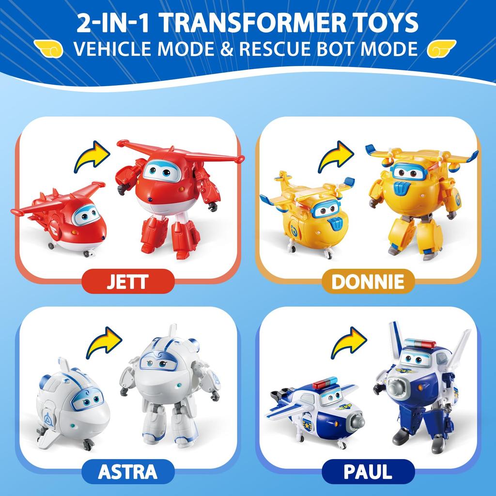 Super Wings - 5" Transforming Character 4 Pack Jet Pole Astra Donnie Plane Toy Playset  Preschool Toys for 3 4 5 Year Old Boys and Girls  Plane