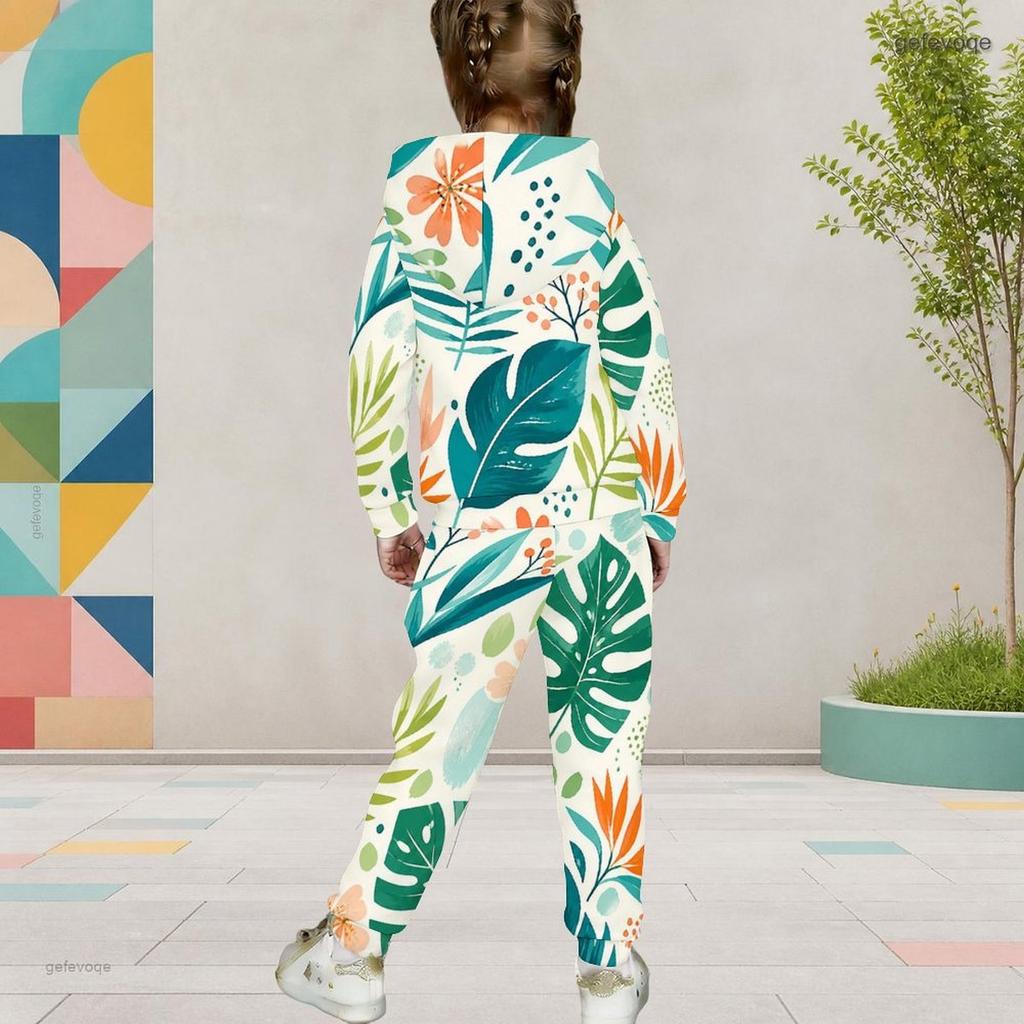 Girls Hooded Long Sleeve Fruit Leaf Printed Tracksuit Kangaroo Pocket Cuffed Pants Two Piece Set