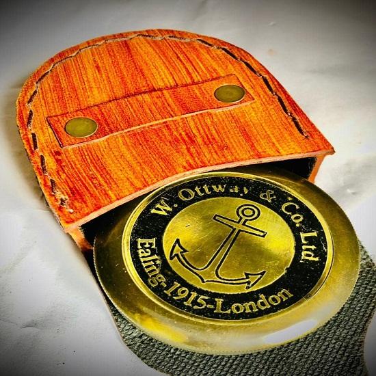 Brass Compass W.ottway.co.Ltd with Antique Leather Case, Trekking, Hiking, Traveling Camping Compass, Graduation Gifts