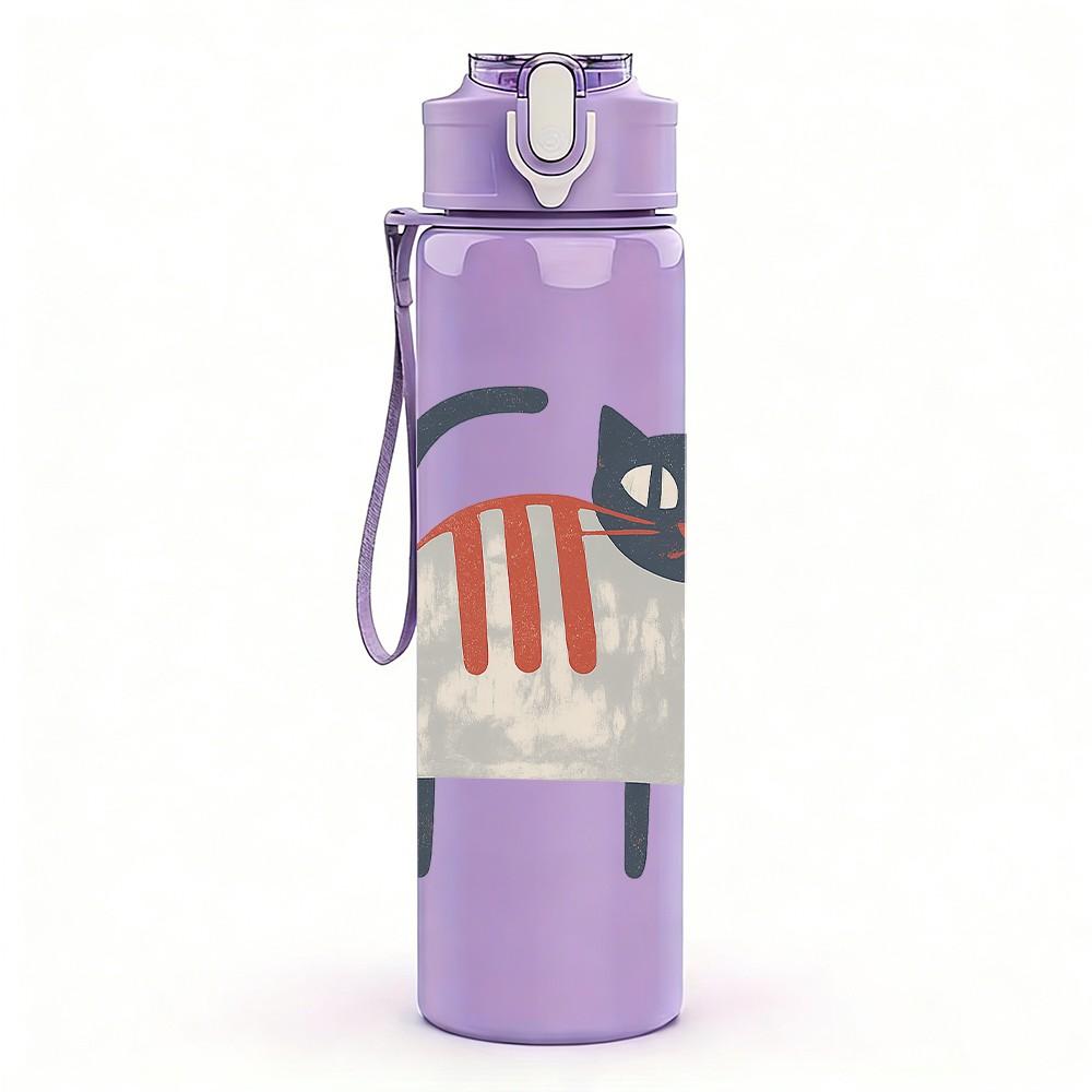1PC Striped Fat Cat Cartoon Pattern 750ml Color Plastic Sports Water Bottle Leakproof Flip Straw Lid Suitable for Sports Office Home Use