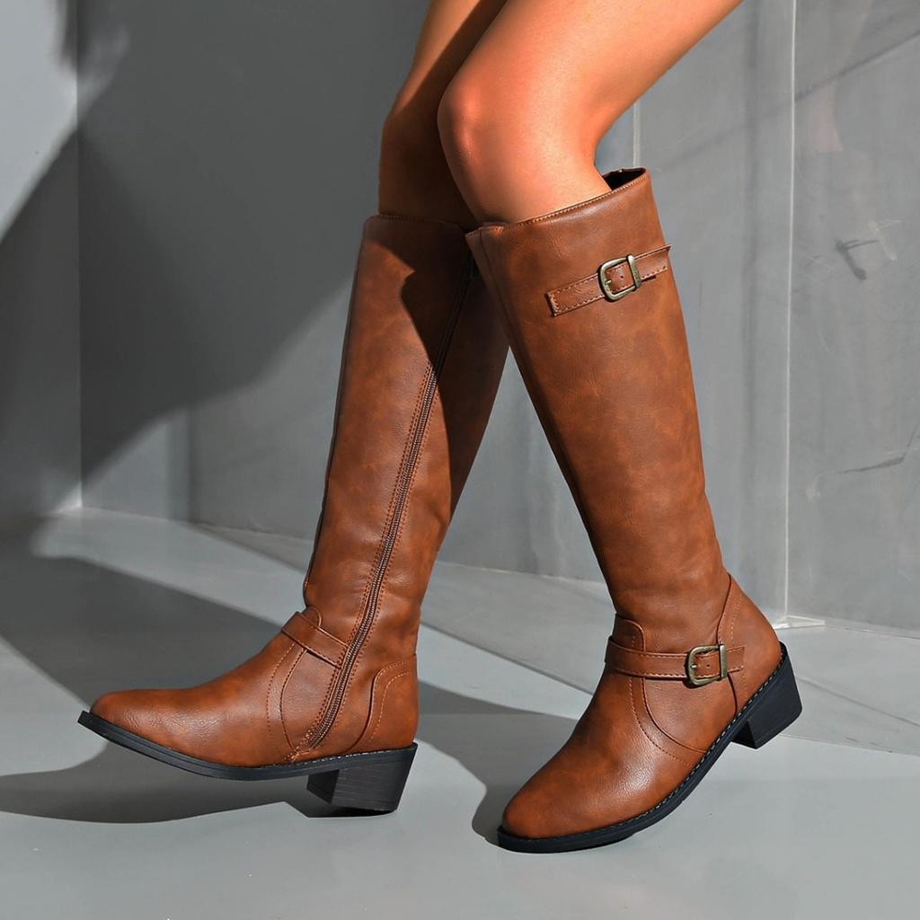 Stilvolle Damen Kniehohe Reitstiefel Mit Schnallen-Detail Für Herbst Und Winter