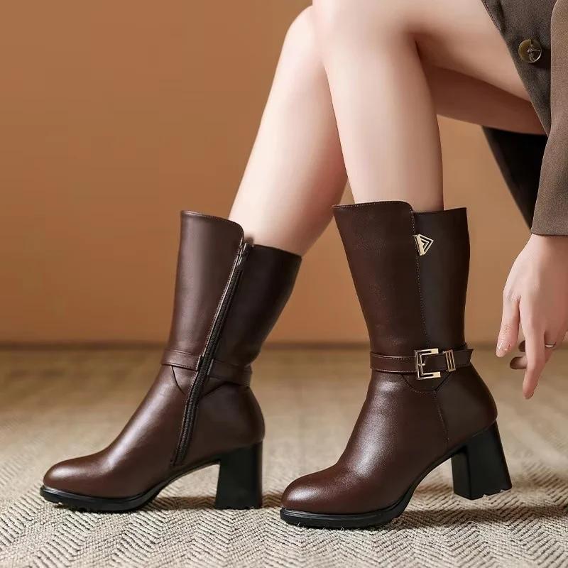7cm Fashion Block High Heels Shoes Women Boots Fall Winter 2025 Mid Leg Soft Leather Warm Fur Motorcycle Boots for Office Mom