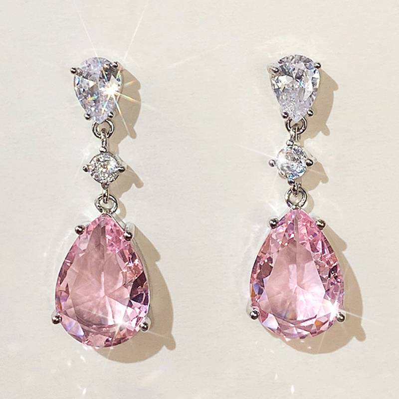 Huitan Fresh Style Women Drop Earrings Inlaid Bright Pink Pear CZ Trendy Daily Elegant Lady Accessories for Wedding Chic Zircon
