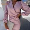 Fall Spring Women Dress V Neck Bubble Sleeves Formal Business Style Slim Fit Solid Color High Waist OL Commuting Office Midi Dress