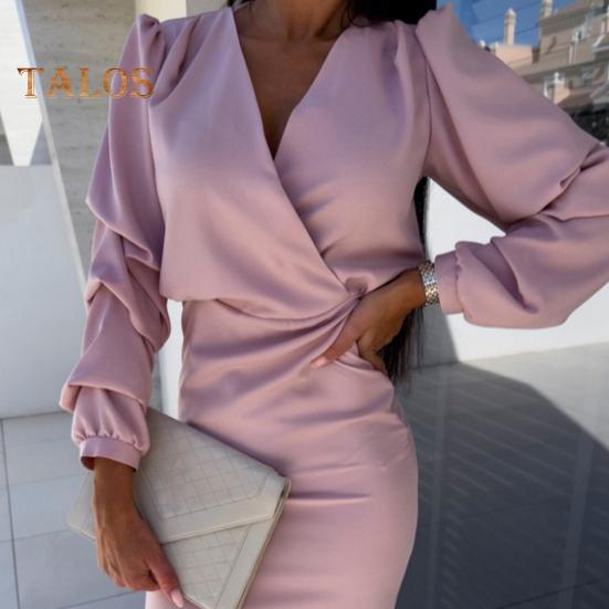 Fall Spring Women Dress V Neck Bubble Sleeves Formal Business Style Slim Fit Solid Color High Waist OL Commuting Office Midi Dress