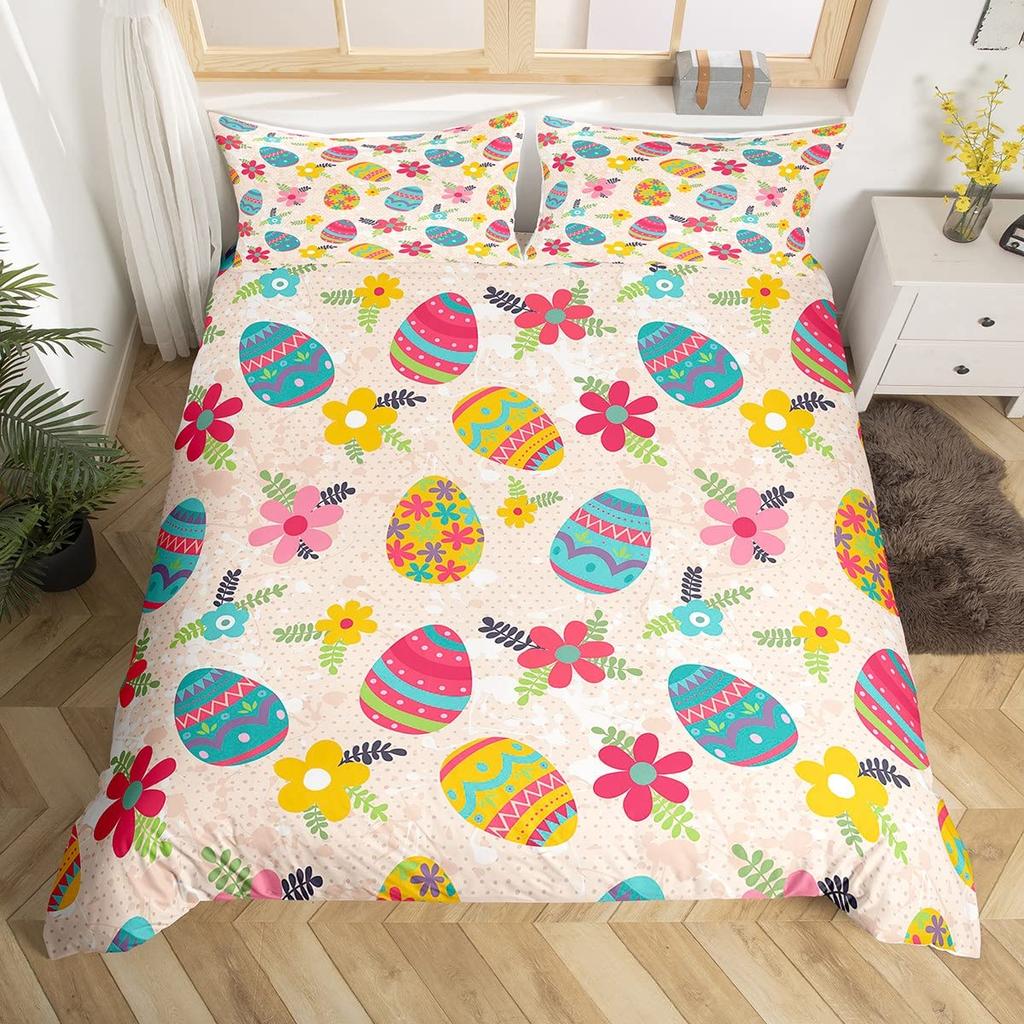 Watercolor Easter Eggs King Queen Bedding Set Happy Easter Themed Duvet Cover Toddlers Rainbow Easter Egg Polyester Quilt Cover