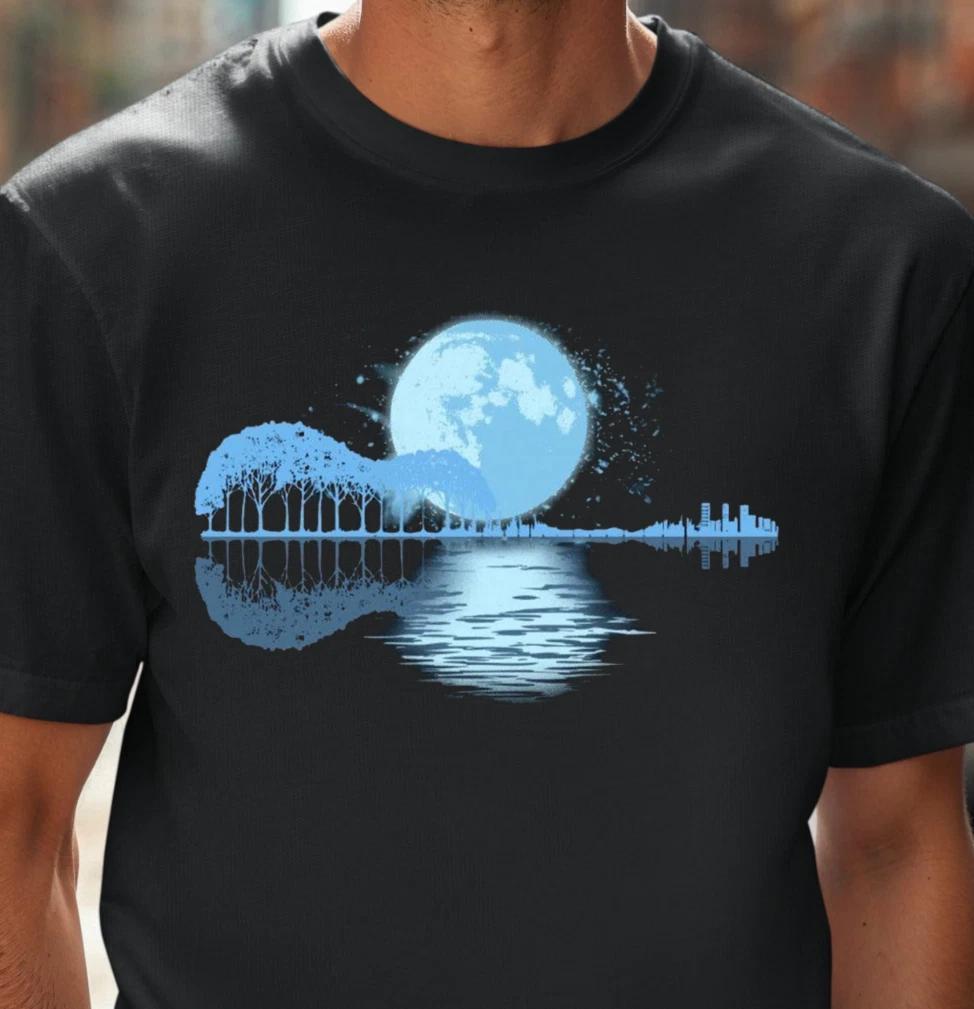 Moonlit Lake Guitar T-Shirt | Night Reflection Tee, Musician Shirt M