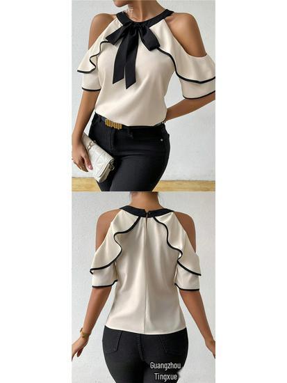 European & American Style Women's Double-layer Short-sleeved Bow Tie Collar Pullover Shirt