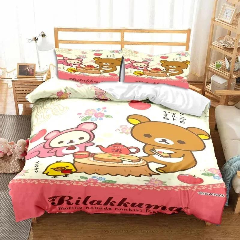 3dCartoon Rilakkuma Ayı Yatak Takımı Yorgan Kılıfı Yatak Takımı Yorgan Kılıfı Yastık Kılıfı Yorgan King Queen Boy Erkek Çocuk Yetişkin Yatak Takımı