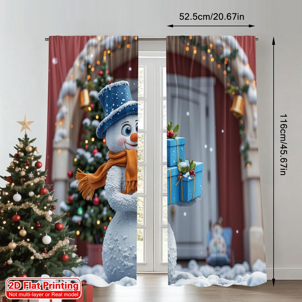 2pcs 2D flat printing Christmas Window Curtains Cute Snowman Christmas Gifts 100% Polyester Fabric Without Electricity Festive