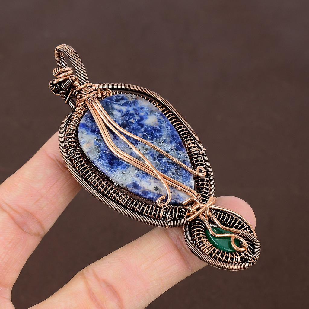 Natural Sodalite,Green Onyx Stone Handmade Copper Wire Wrap Pendant 3.74" Q3E19