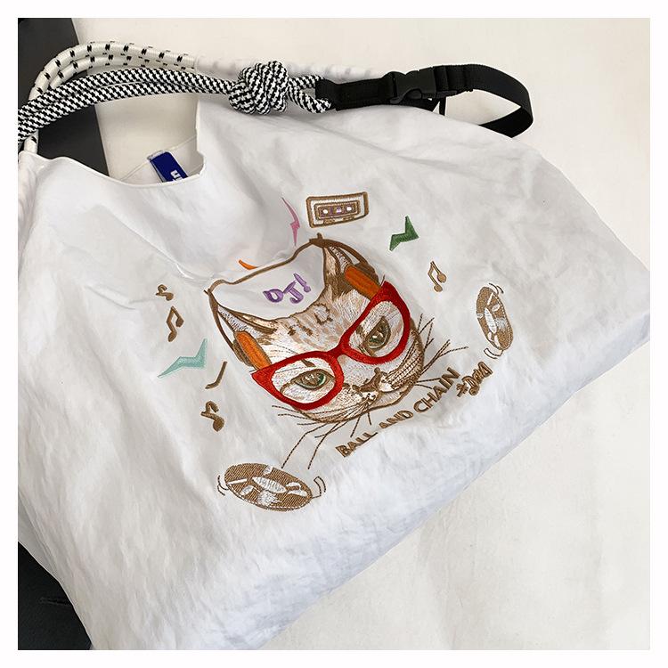 Gao Yuanyuan Style Japanese Embroidery Cat Tote Bag - Versatile, Large Capacity, Single Shoulder & Crossbody Drawstring Bag