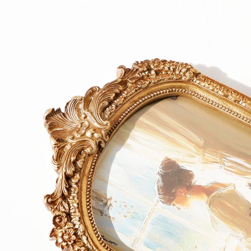 Handcrafted Antique Gold Carving Arch Picture Frame With Hanging Hook And Stand For Wall Or Tabletop Decoration Display