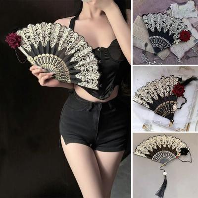Art Craft Gift Lace Rose Folding Fan Gothic Dance Cosplay Hand Held Fans Home Wedding Party Photograph Props