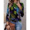 Women's Fashionable and Elegant Top with Green Leaf Print, Modern Art Design for Everyday Wear