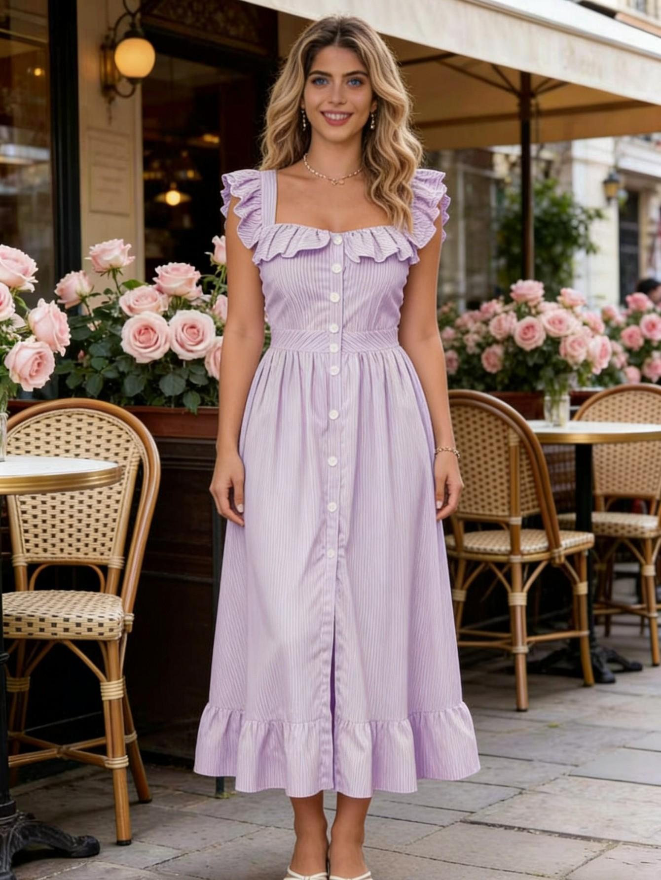 2026 new French purple striped ruffle edge square collar waist long dress large size dress summer elegant A word 0XL лаванды фиолетового