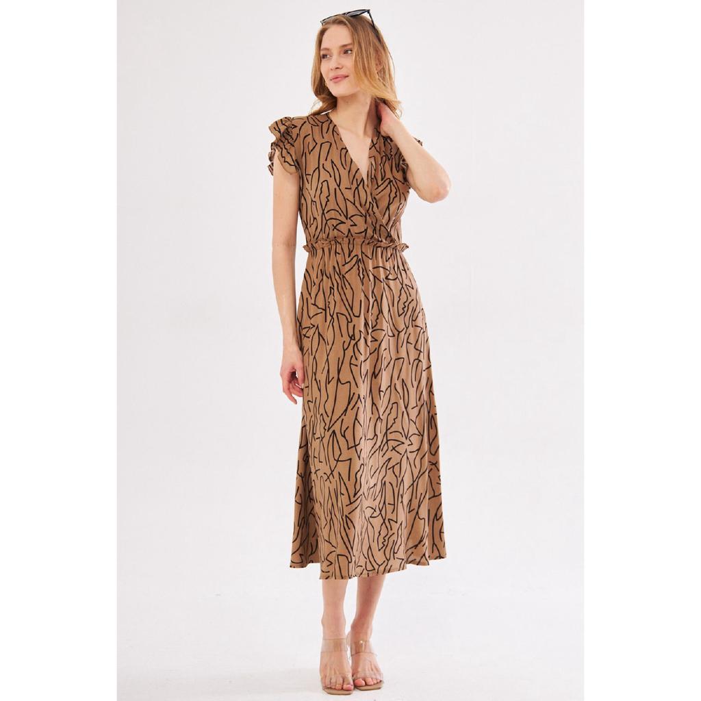 Vestido midi beige para mujer, cuello cruzado, volantes en los hombros, cintura elástica, largo midi, mangas 24y001020