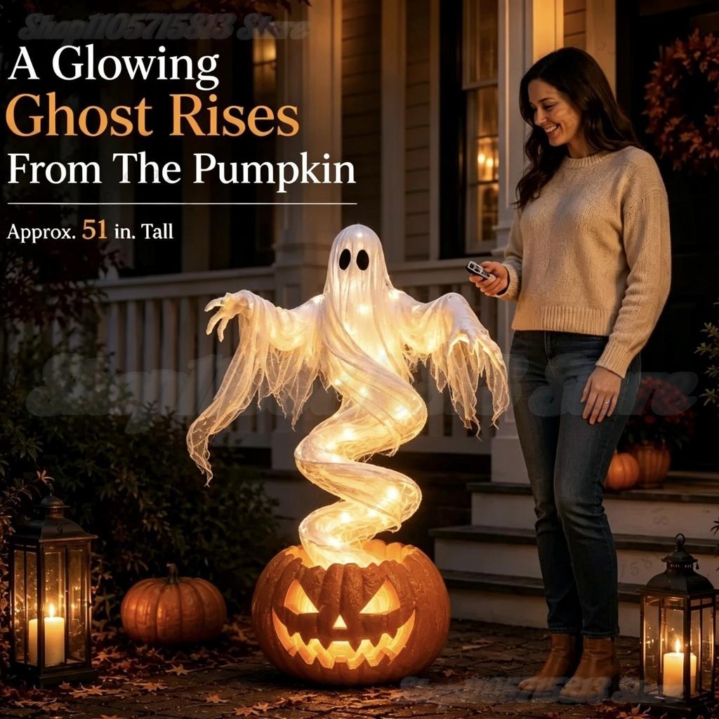 Lampă de Curte Dovleac Fantomatic Rotativ, Lumină de Sol pentru Grădină LED de Halloween | Decor Dovleac Fantomatic Iluminat de Exterior pentru Halloween