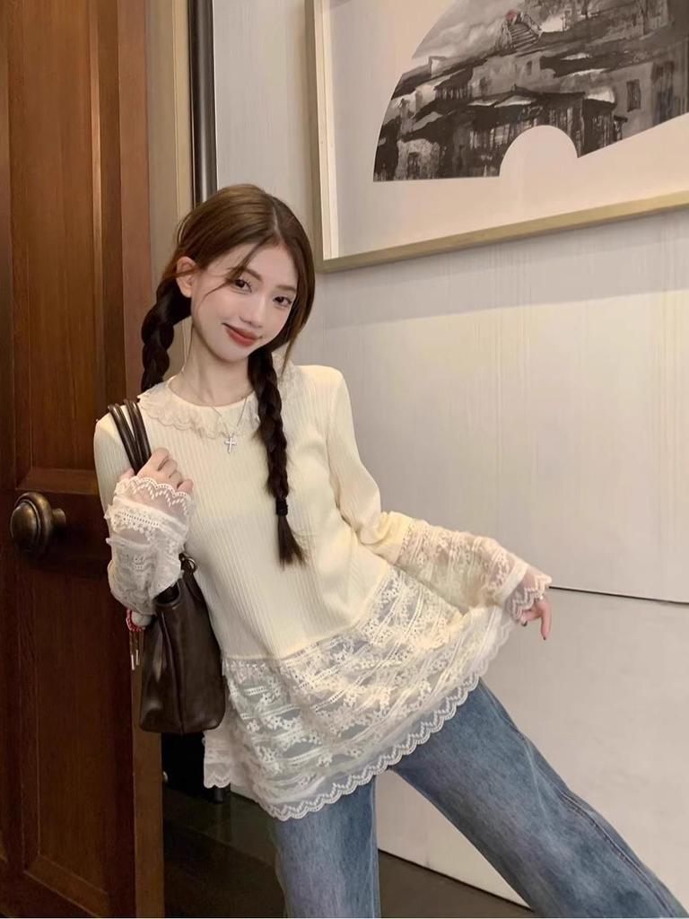 Women's Long-Sleeve Lace T-Shirt: Spring/Autumn Hot Girl Style, Fashionable, Relaxed, and Niche Design