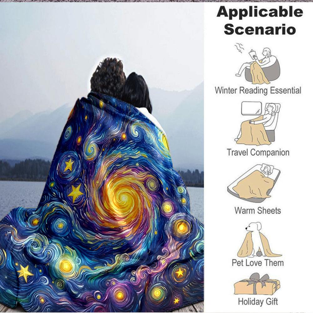 1pc Starry Night Cosmic Swirl Blanket, Lightweight Flannel Throw Blanket For Sofa, Bed, Travel, Camping, Living Room, Office, Couch, Chair, And Bed